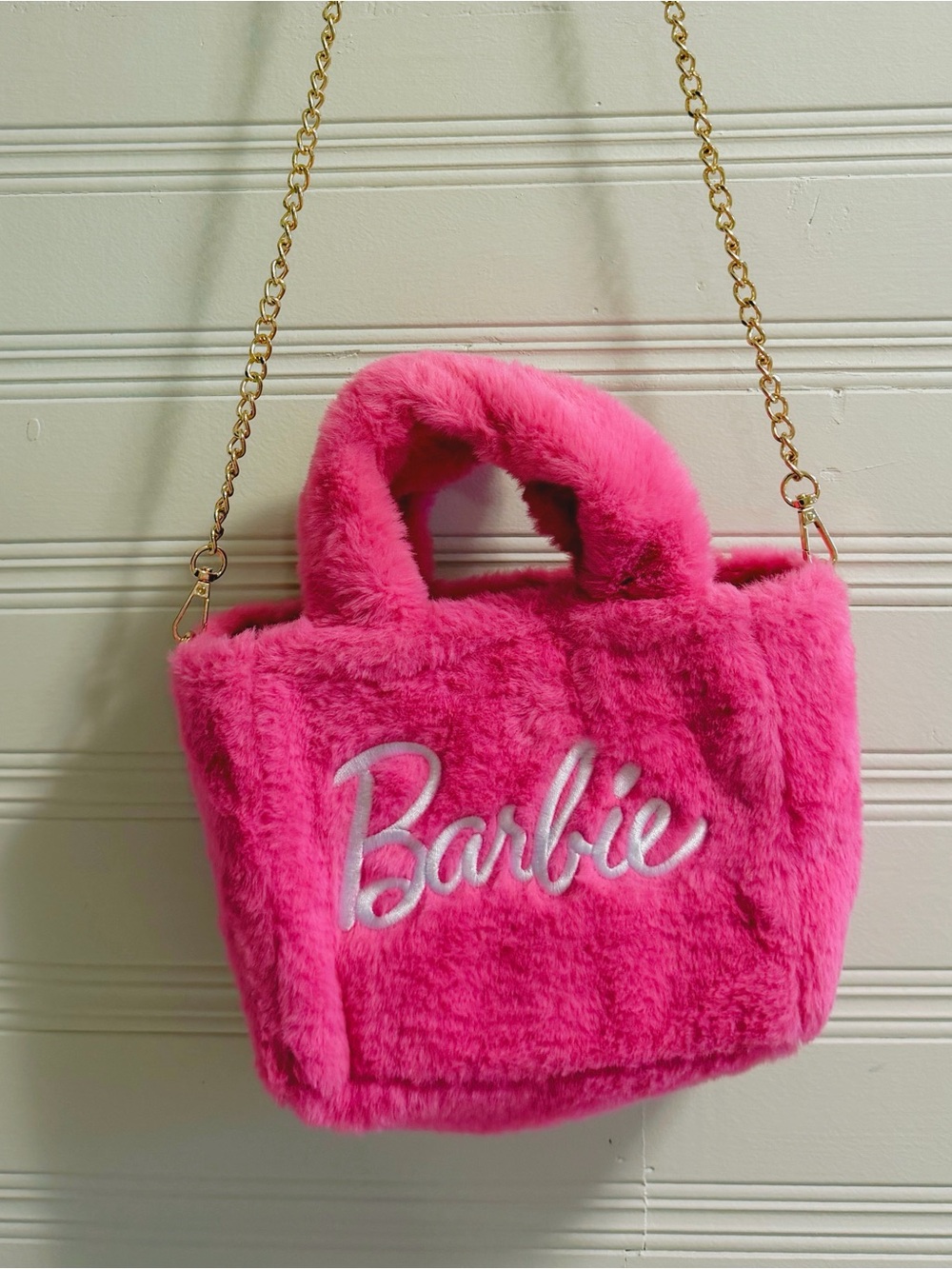 Skinnydip London x Barbie Pink Faux Fur Mini Tote Crossbody Chain Bag Plush